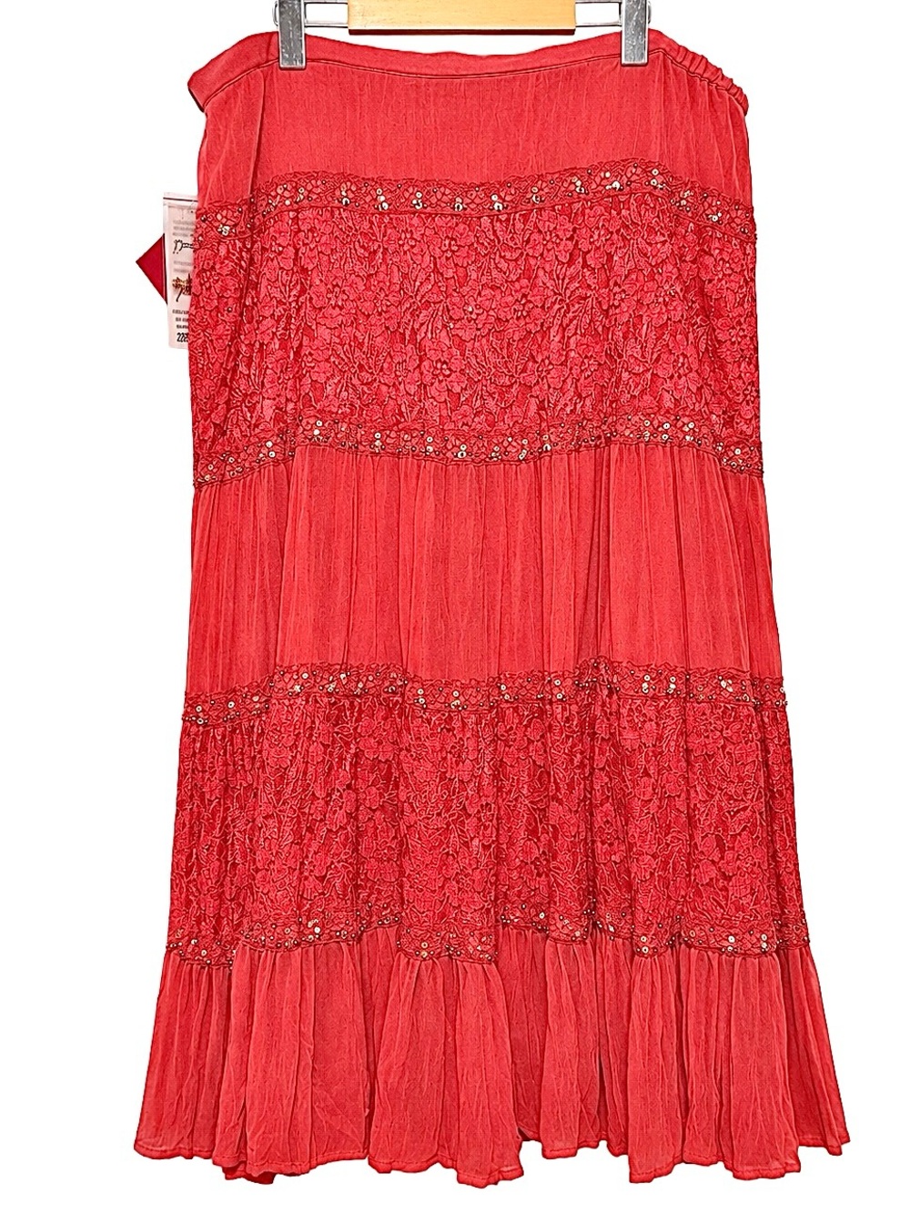 Boho Broomstick Lace Tiered Maxi Skirt Coral Pink Sequin Festival Romantic 14